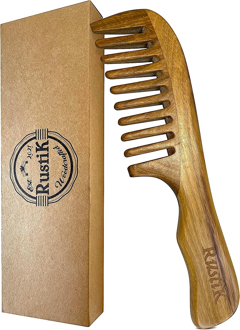 RustiK Sandalwood Wide Tooth Comb Anti Static Detangling Wooden Hair Brush