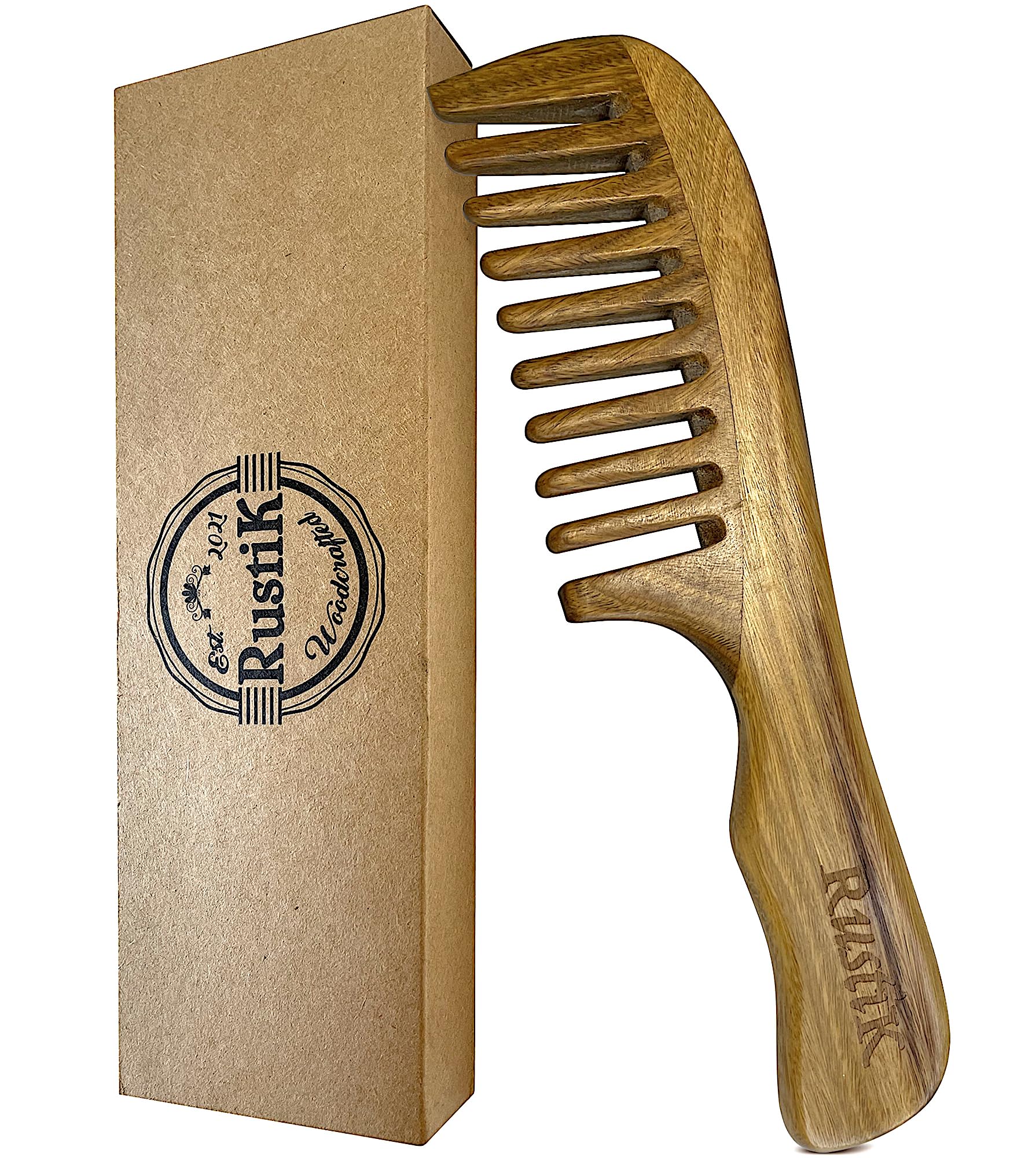 Sandalwood Wide Tooth Comb by RustiK, Wooden, Anti Static, Detangling, Scalp Massaging, Hair Brush, Great for curls and Thick Hair, Woodcrafted for Men and Women.