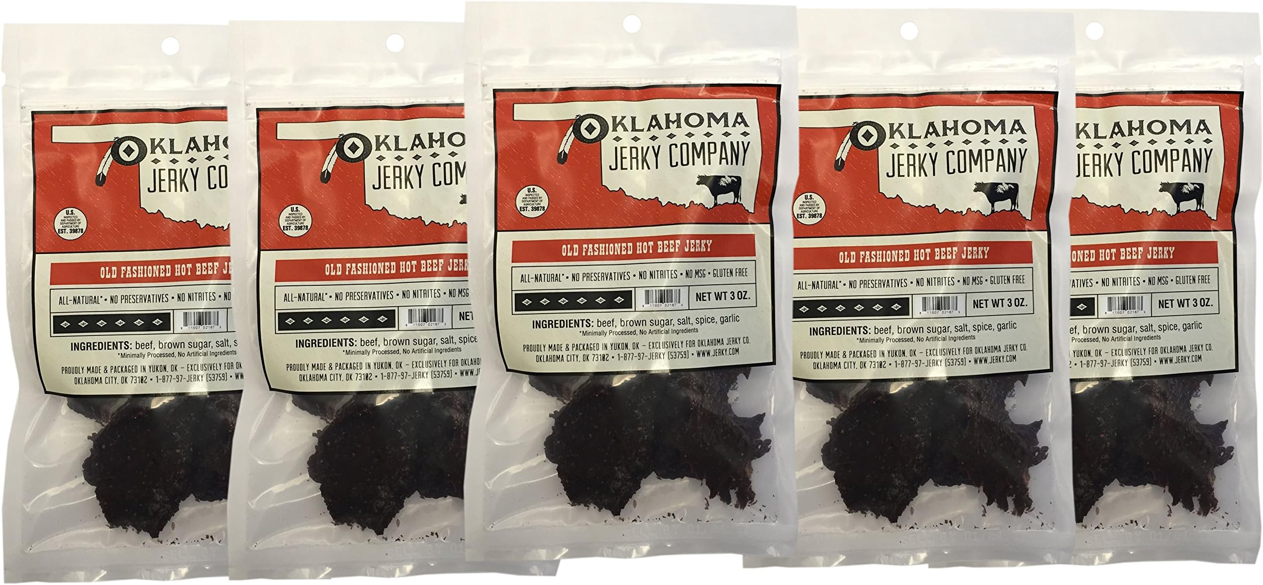 Old Fashioned Style Gluten Free Hot Beef Jerky - 5 PACK - No Frills Tough and Dry Style Beef Jerky - All Natural, No Added Preservatives and No Added MSG - 10 total oz.