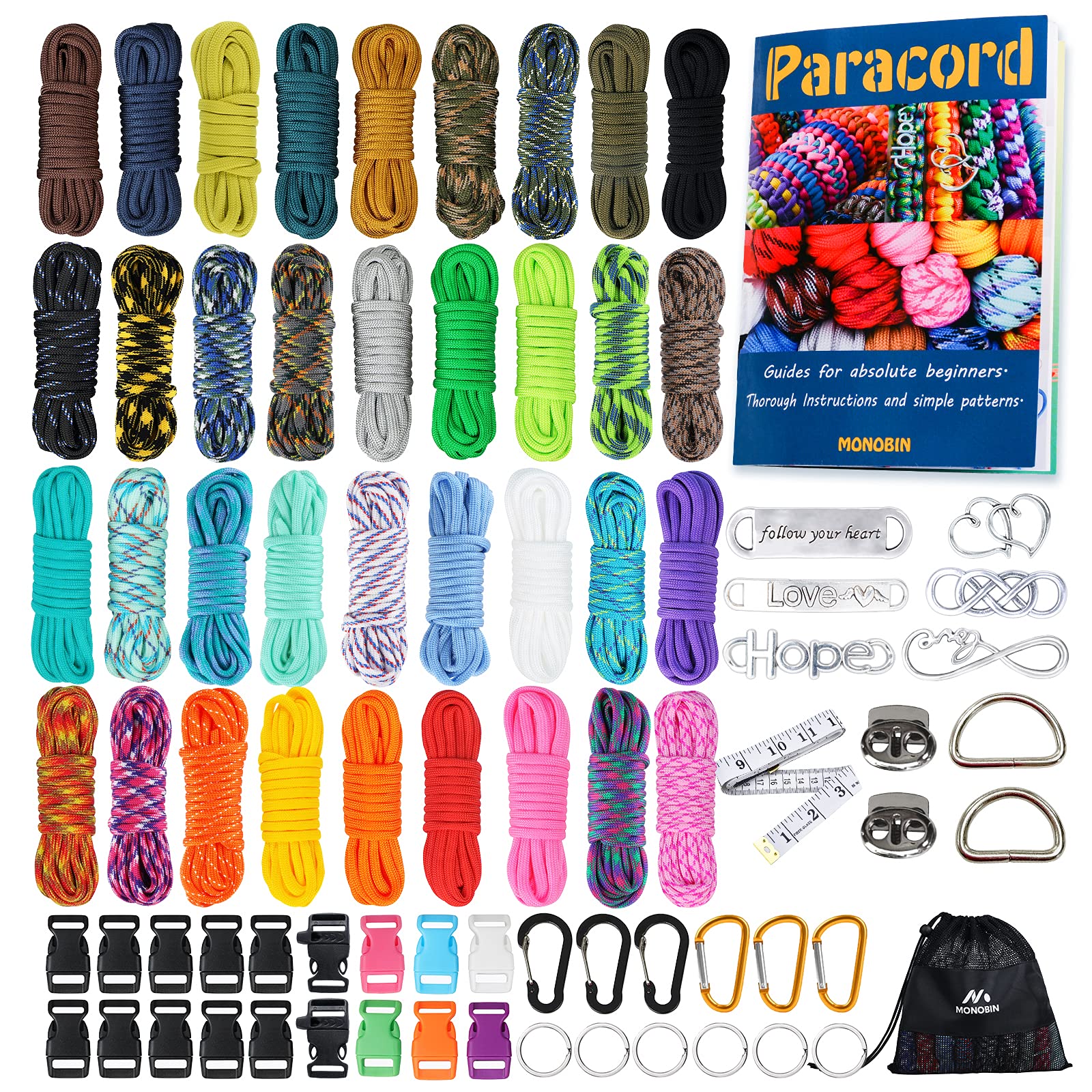 MONOBIN Paracord, 550 Paracord Combo Kit with Instruction Book - 36 Colors Multifunction Paracord Ropes and Complete Accessories for Making Paracord Bracelets, Lanyards, Dog Collars (36 Colors-B, L)