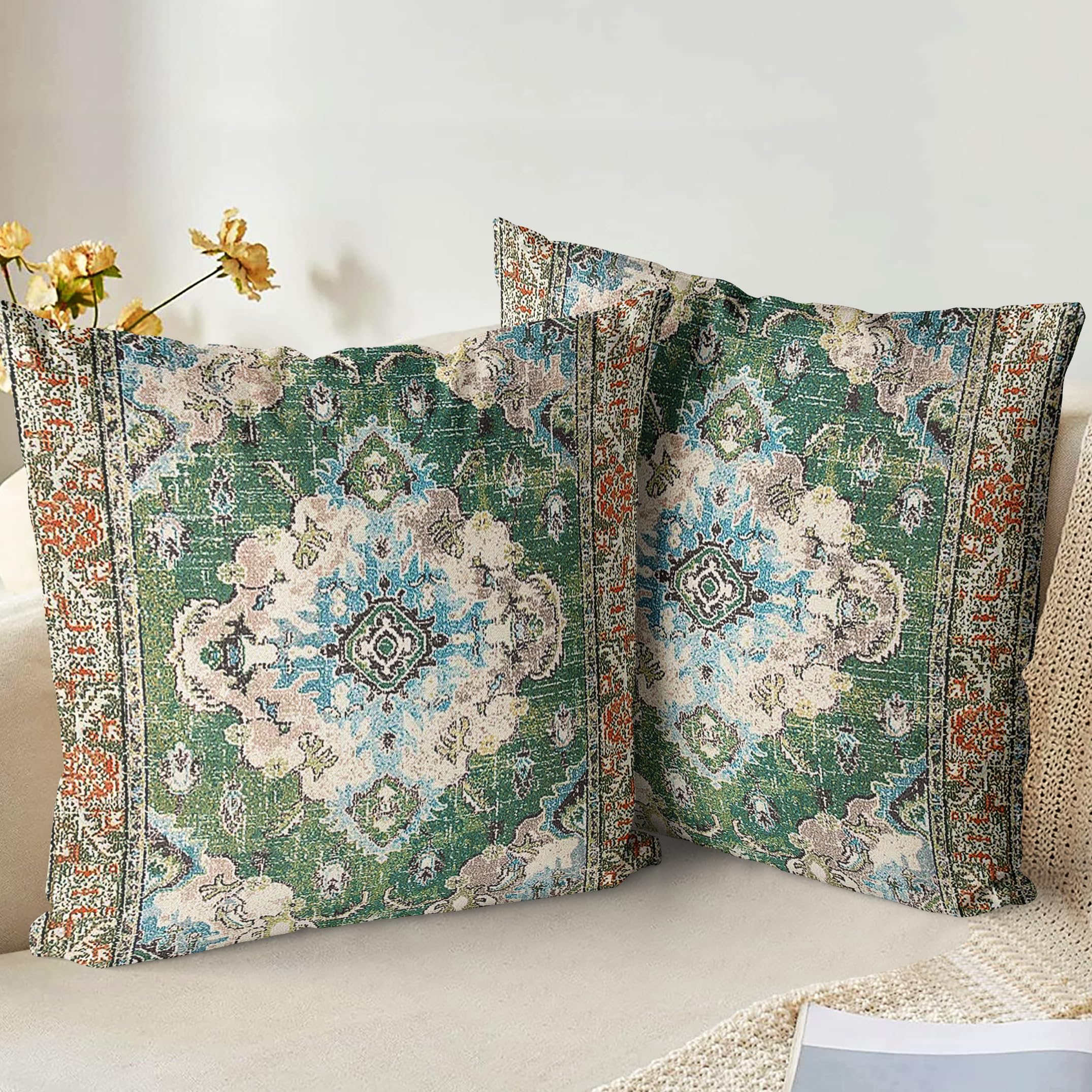 XPHZZL Pack of 2 Soft Decorative Cushion Covers 45 x 45 cm Square Throw Pillow Case Bohemian Style Pillowcases for Sofa Bedroom Outdoor Patio Garden Green with Invisible Zipper