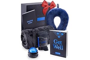 GIFTIER Get Well Soon Gift Basket – Care Package for Men w/Memory Foam Pillow, Massage Roller, Plush Blanket, Socks, Puzzle Book, Greeting Card – Curated Get Well Gift Basket for Men After Surgery