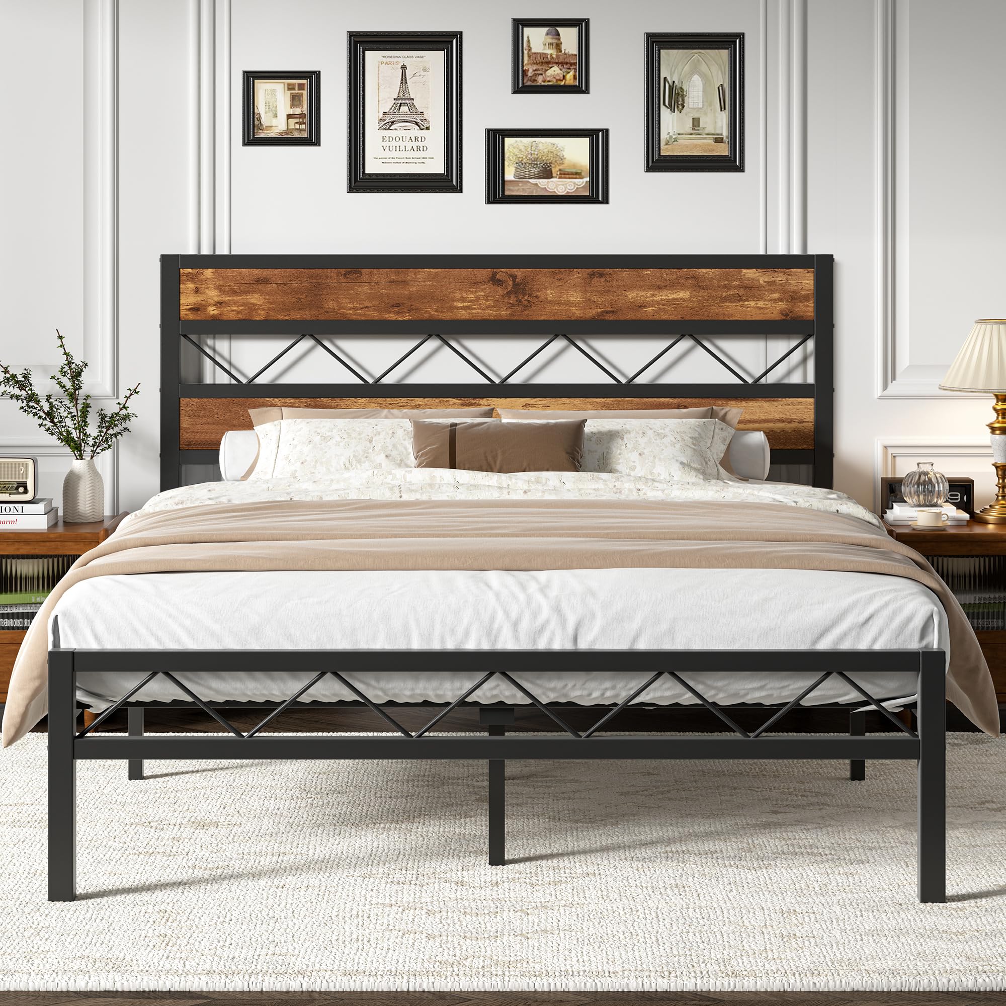 Photo 1 of *missing hardware*VECELO Full Size Bed Frame with Headboard, Heavy-Duty Platform Bedframe with Metal Slats Support, No Box Spring Needed, Easy Assembly, Black & Brown