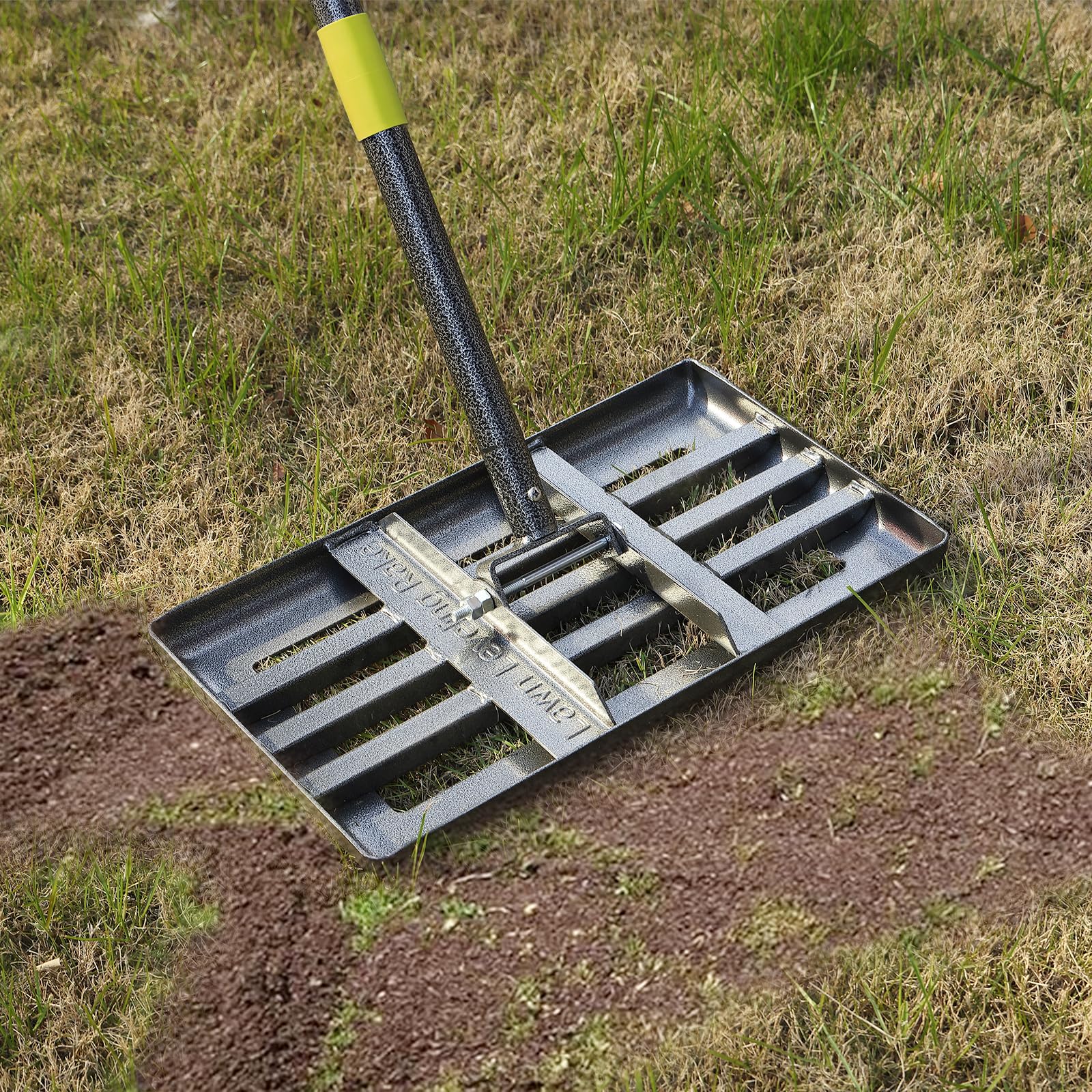 Photo 1 of FLY HAWK Lawn Leveling Rake | Levelawn Tool | Level Soil or Dirt Ground Surfaces Easily | 18” x 10” Ground Plate | rakes for lawns Heavy Duty 60” Extra Long Handle | Extracted Iron Metal Black
