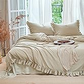Simple&Opulence Ruffled Linen Cotton Duvet Cover Set 3Pcs, Soft Breathable Bedding Set with Romantic Ruffle Trim (1 Duvet Cover & 2 Pillowcases) – Khaki, Queen Size