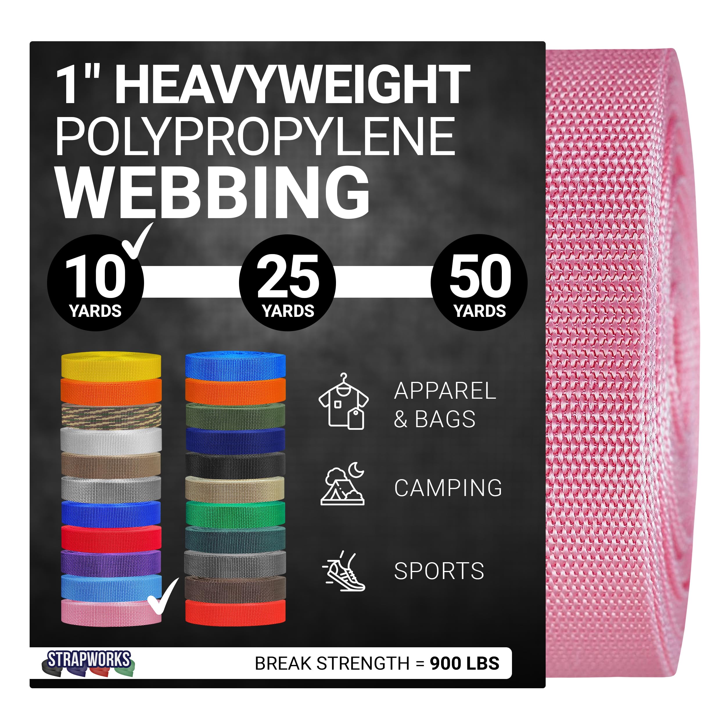 Strapworks Heavyweight Polypropylene Webbing - Heavy Duty Poly Strapping for Outdoor DIY Gear Repair, 1 Inch x 10 Yards - Pink