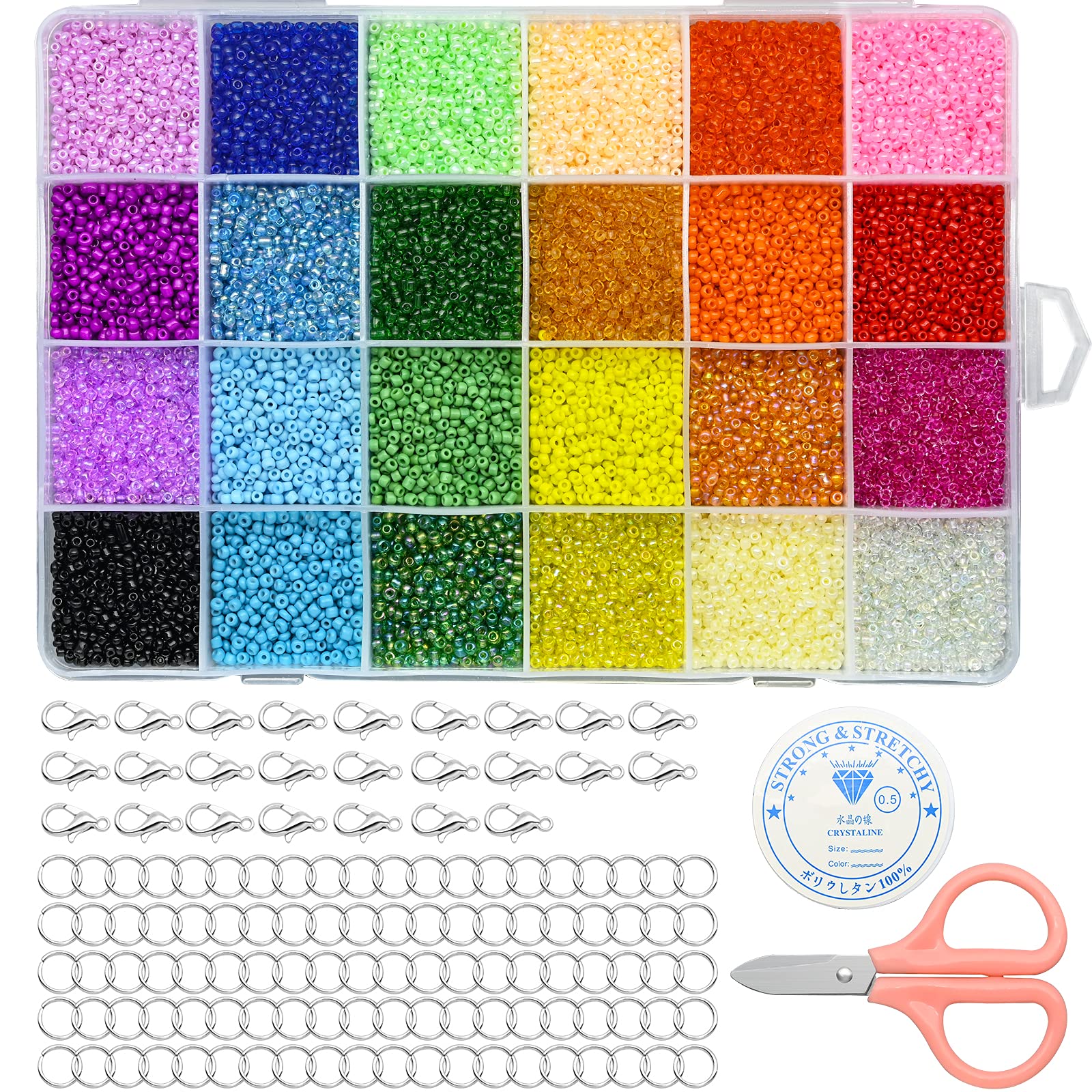 JTOOYS 24000pcs Glass Seed Beads, Small Pony Beads Assorted Kit Colors Seed Beadswith Scissors Lobster Clasps String Cord for Jewelry Making DIY Bracelet Necklaces