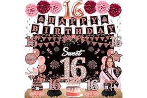 Eucutur 42PCS Sweet 16 Birthday Party Decoration Kit for Girls, Rose Gold Happy 16th Bday Banner Balloon Honeycomb Centerpiece Swirl Paper Pompom Party Supplies, 16 Bday Sash Table Cake Topper Swirl