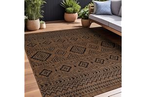 Beverly Rug Waikiki Boho Indoor Outdoor Rug 6x9, Washable Outside Carpet for Patio, Deck, Porch, Bohemian Area Rug, Farmhouse Rugs, Aztec Tribal Rug, Nut Brown and Black