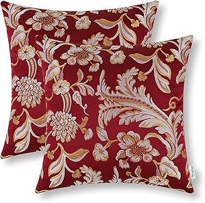 CaliTime Pack of 2 Throw Pillow Covers Cases for Couch Sofa Home Decor Vintage Floral Leaves 18 X 18 Inches Burgundy