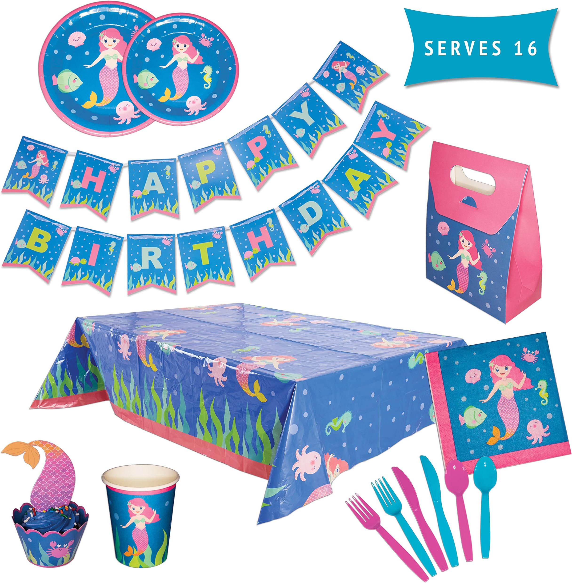 Mermaid Party Pack โ Mermaid Birthday Party Supplies โ Happy Birthday Banner, Disposable Party Plates, Tableware, Cupcake Toppers & Party Favor Boxes โ 162 Piece Set Serves 16 Guests