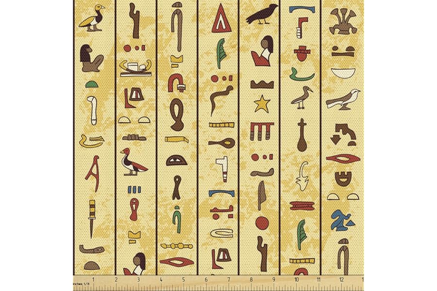 Ambesonne Egyptian Print Fabric by The Yard, Colorful Hieroglyphics on Papyrus Old Paper Style Background Cairo Culture, Decorative Fabric for Upholstery and Home Accents, 1 Yard, Beige