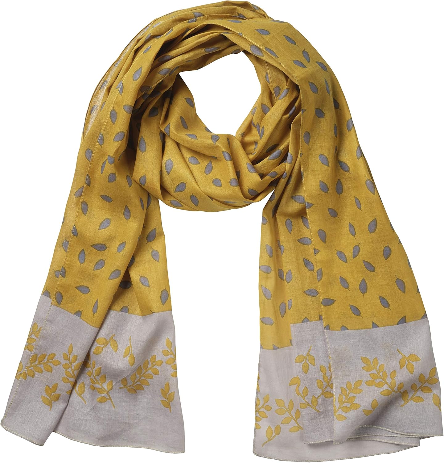 Ladies Scarf Grey & Mustard Organic Cotton Beautiful Leaf Print