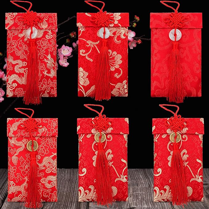 6 Pieces Silk Red Envelopes Chinese Hongbao Chinese