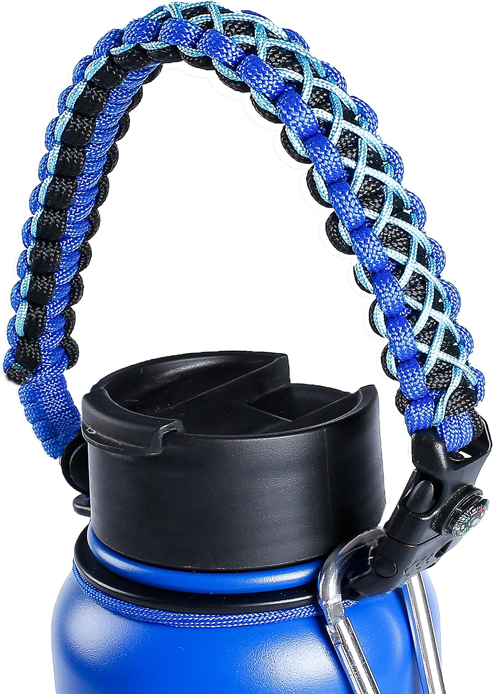 QeeLink Paracord Handle Compatible with Hydro Flask 1.0 Wide Mouth Water Bottles - Paracord Carrier Strap Cord with Safety Ring & Carabiner & Compass, 12oz - 64oz