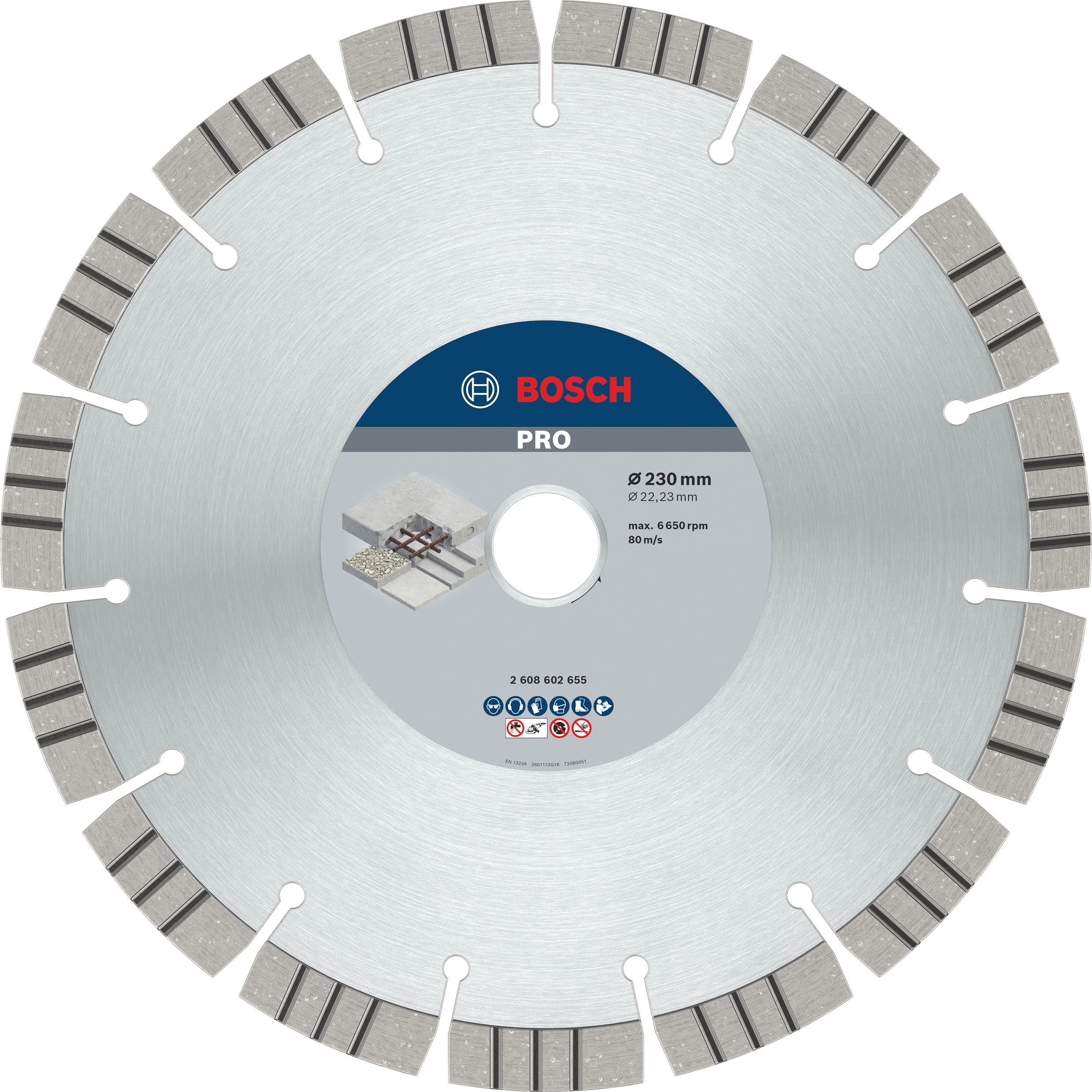 Bosch 1x PRO Concrete Diamond Cutting Disc for Bore 22.23 and Large Angle Grinders (for Concrete, Reinforced concrete, Ø 230 mm, Professional Accessory Large Angle Grinder)
