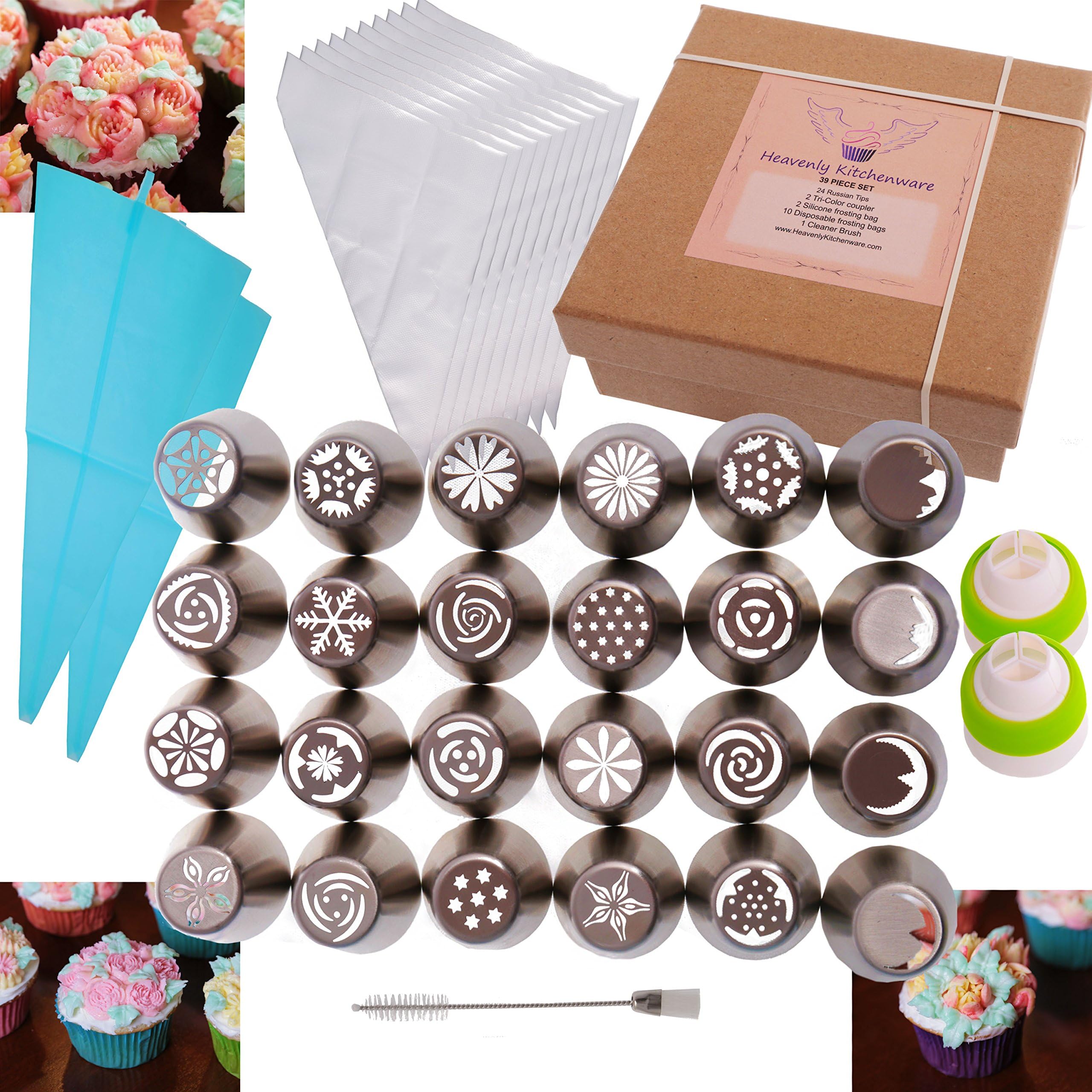 Russian Piping Tips 39 pc Set (24 Russian Tips,2 Tri-Color Coupler, 2 Silicone, 10 Disposable bags & 1 Cleaner Brush)