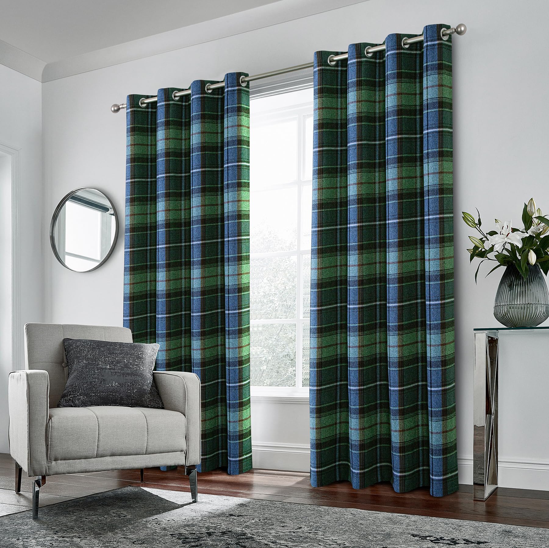 always4u 100% Blackout Curtains Check Eyelet Bedroom Tartan Curtain Plaid Brushed Cheque Pair of Highland Woolen Look Window Treatment for Living Room Dark Green 66 * 72 Inches