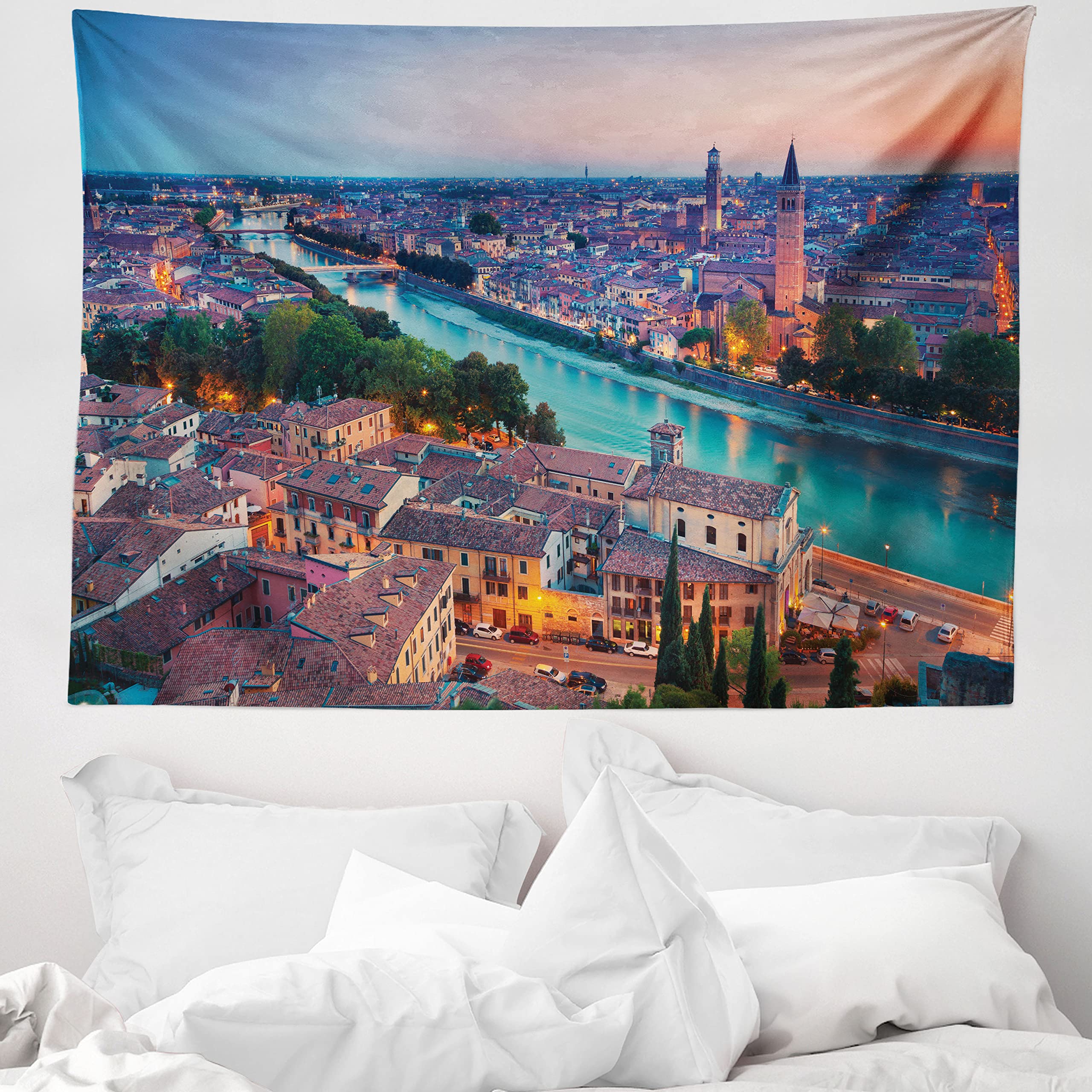 ABAKUHAUS European Tapestry, Verona Italy During Summer Sunset Blue Hour Adige River Medieval Historcal, Fabric Wall Hanging Decor for Bedroom Living Room Dorm, 58 W X 43 L, Aqua Coral Green