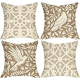 Fjfz Boho Bird Decorative Throw Pillow Covers 18 x 18 Set of 4, Retro Brown White Geometric Flower Porch Outdoor Home Decor, Farmhouse Sofa Couch Cushion Case Housewarming Gift