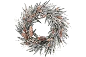BINFEN 24 Inch Snow Flocked Norfolk Pine Winter Wreath with Twig & Pinecone- Artificial Winter Wreaths for Front Door Porch Wall Window Porch Fireplace Outdoor Decor