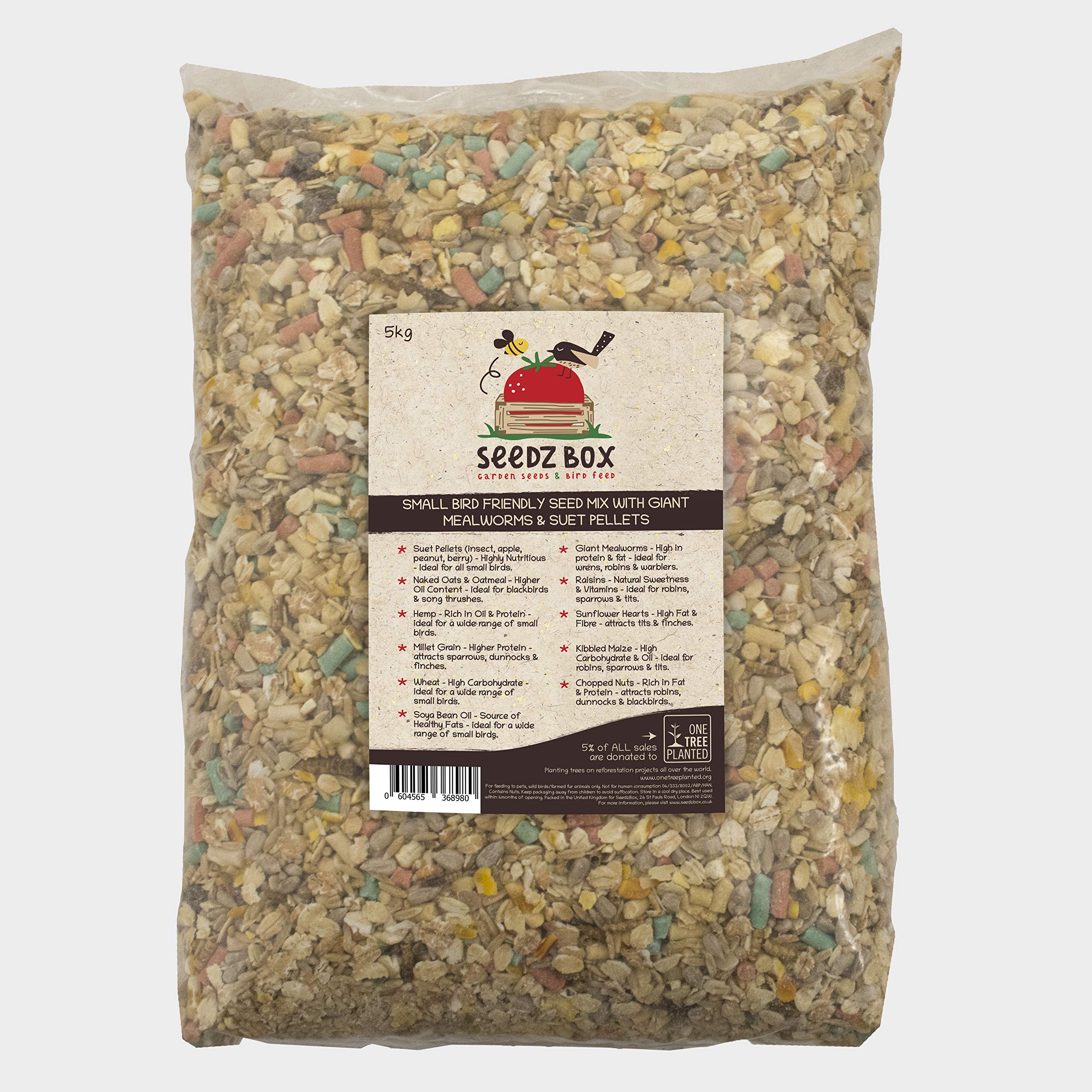 Wild Bird Food Seed Feed Mix with Suet Pellets For Small Garden Birds 5kg - SeedzBox - Deluxe Grains & Nuts, Natural Food for Wrens Robins & Finches - Maize Fats & Fibres