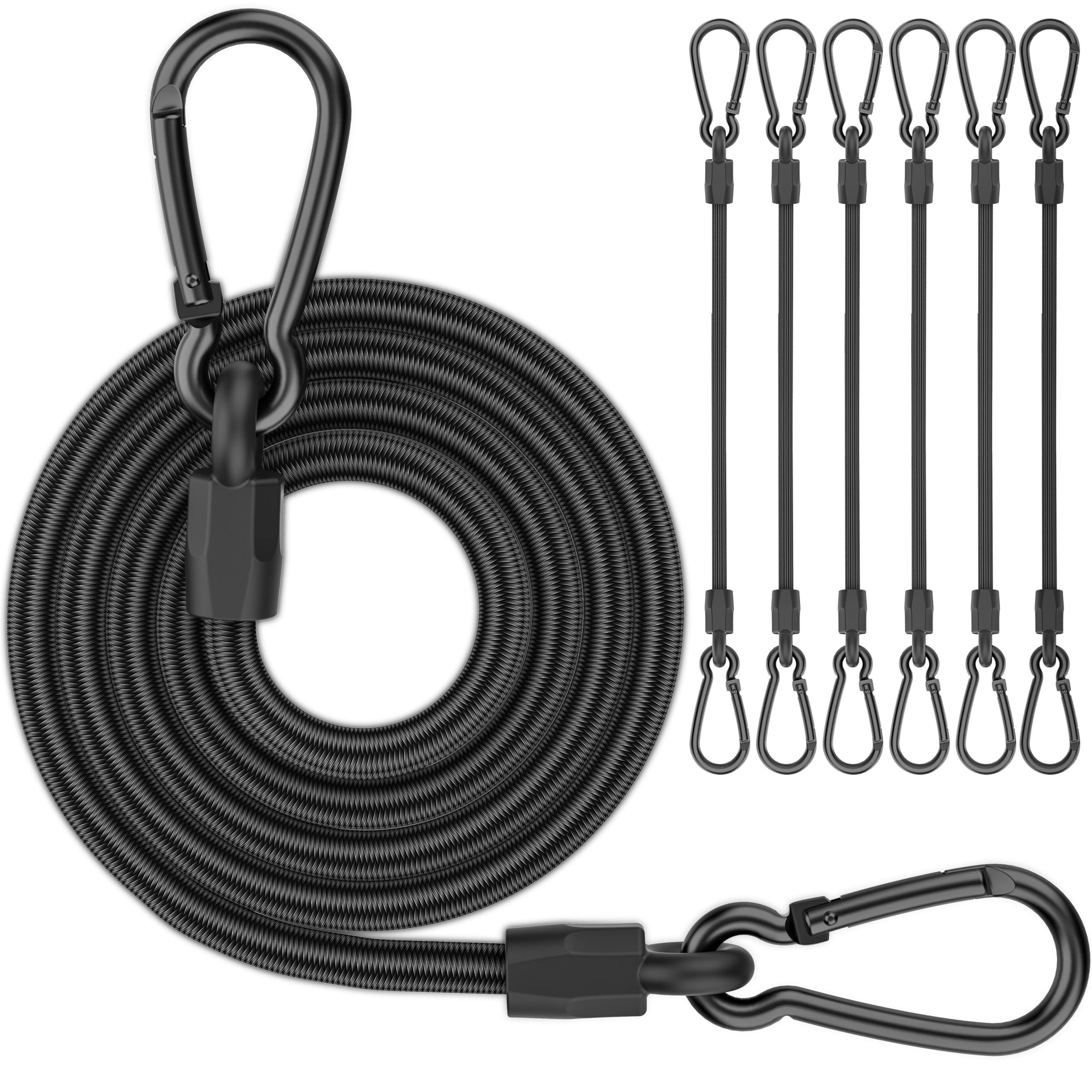 Bungee Cords with Hooks, Upgrade 120 cm Long Heavy Duty Bungee Cords with Carabiner Clips 6 Pack, Extra Strong Black Elastic Bungee Straps for Outdoor, Tarpaulin, Motorcycle, Truck, Tent