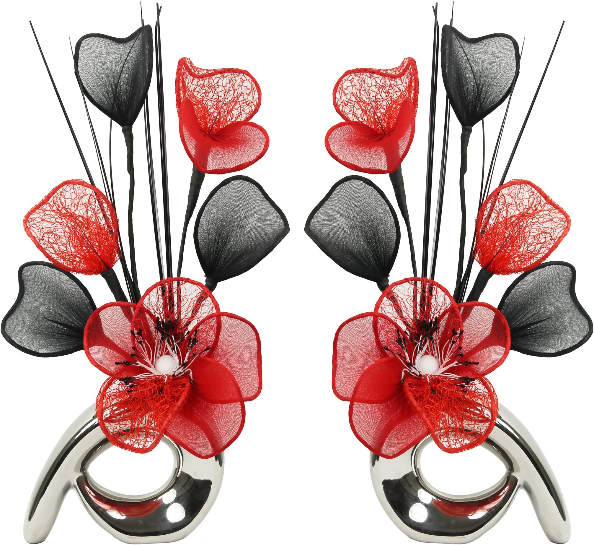 Matching Pair of Silver Vases with Red Artificial Flowers, Ornaments for Living Room, Window Sill, Home Accessories, 32cm