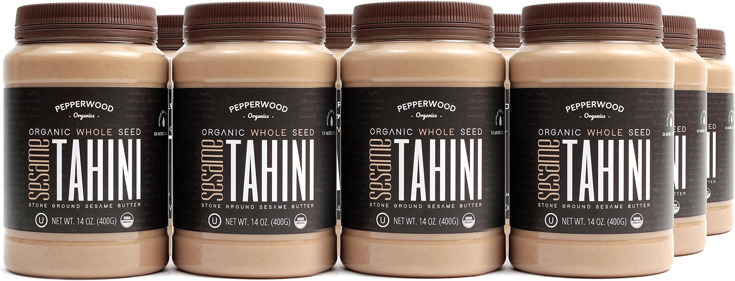 Pepperwood Organic Stone-Ground Whole Sesame Tahini Paste, Unhulled, Unsalted, Non-GMO, Gluten-Free, Kosher, Vegan, USDA Organic, Peanut-Free, 14 Ounce (12-Pack)