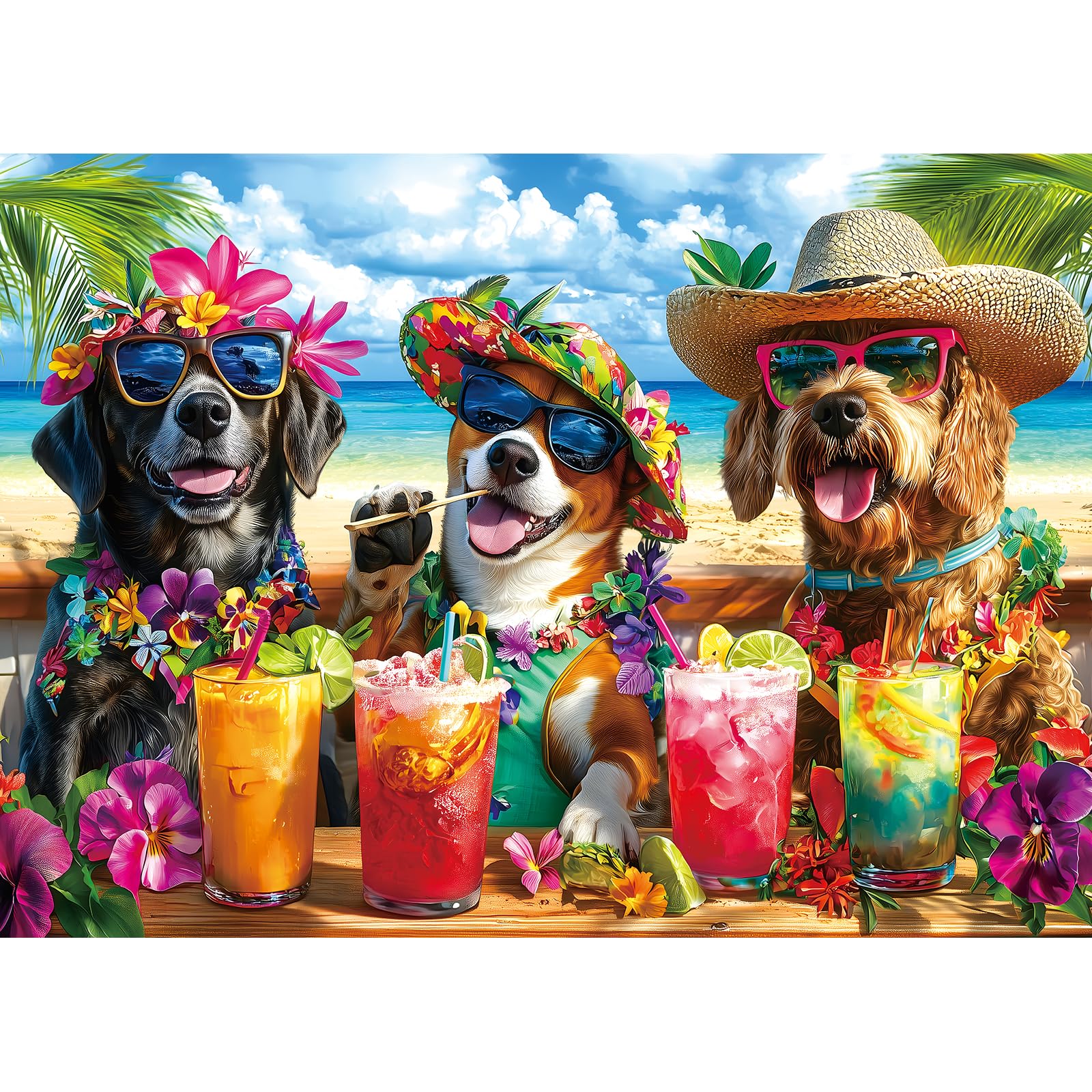 Puzzle 1000 Pieces Adult Tropical Dogs Beach Party Hawaiian Vacation Summer Cocktail Funny Animal Jigsaw Puzzles for Adults Difficult Challenging Family Game Night Gift Decor