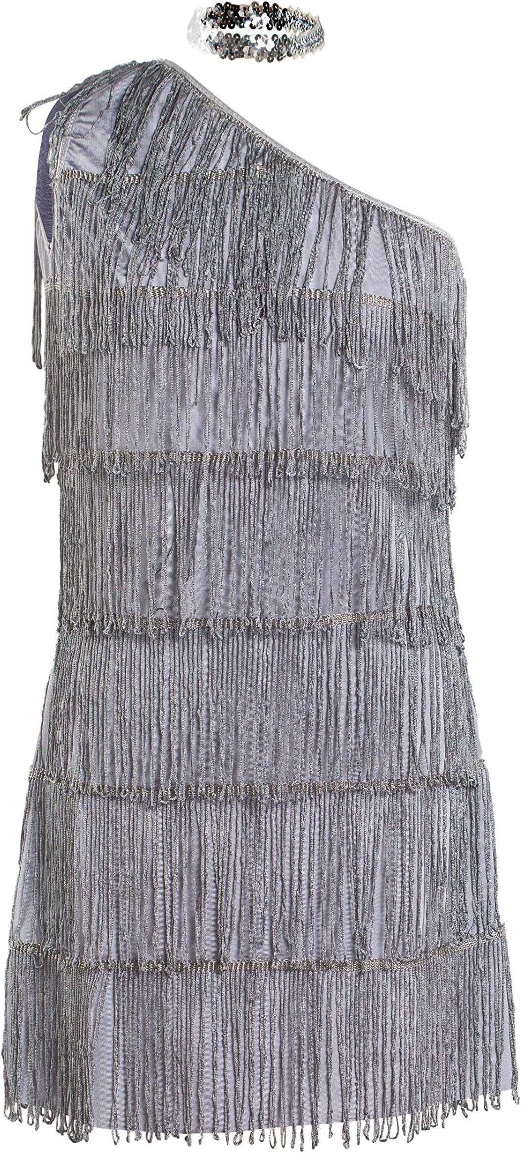 1920’s Flapper Dress | Grey Fringed Dress and Headband | UK Size 8-16 | Roaring 20s Silver Fancy Dress Costume | High Quality (Women: 10, Grey)