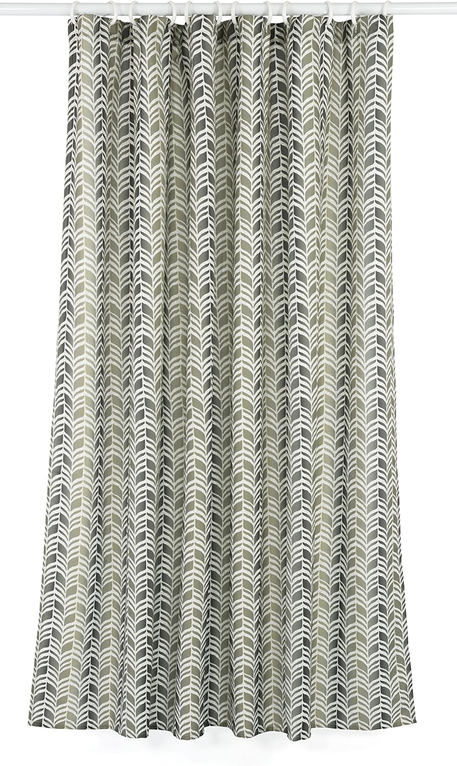 LJ Home Fashions 282 Metro Chevron Geometric Designed Shower Curtain Liner and Ring Set (14 Pieces) Green/Grey/Linen Beige