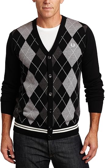 Fred Perry Merino Wool Tipped Argyle Cardigan Black [Large]: Amazon.co.uk: Clothing