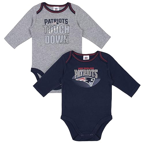Gerber NFL New England Patriots boys Long Sleeve Bodysuit, Navy Blue/Grey, 0-3M, 2 Pack