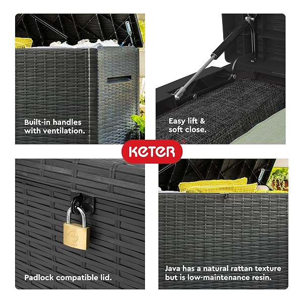 KETER JAVA XXL 230 GALLON RESIN RATTAN LOOK LARGE OUTDOOR STORAGE DECK BOX FOR PATIO FURNITURE CUSHIONS, POOL TOYS, AND GARDEN TOOLS, DARK GREY