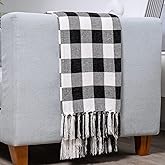 RECYCO Buffalo Paid Chenille Throw Blanket for Couch, Soft Cozy Decorative Buffalo Check Blanket Throw with Tassels for Bed Sofa, Lightweight Chenille Knitted Throw, Plaid Black Off White, 50'' x 60''