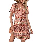OFEEFAN Summer Dresses for Women 2025 Loose V Neck Short Sleeve Casual T Shirt Dress Sundresses Swimsuit Coverup with Pockets
