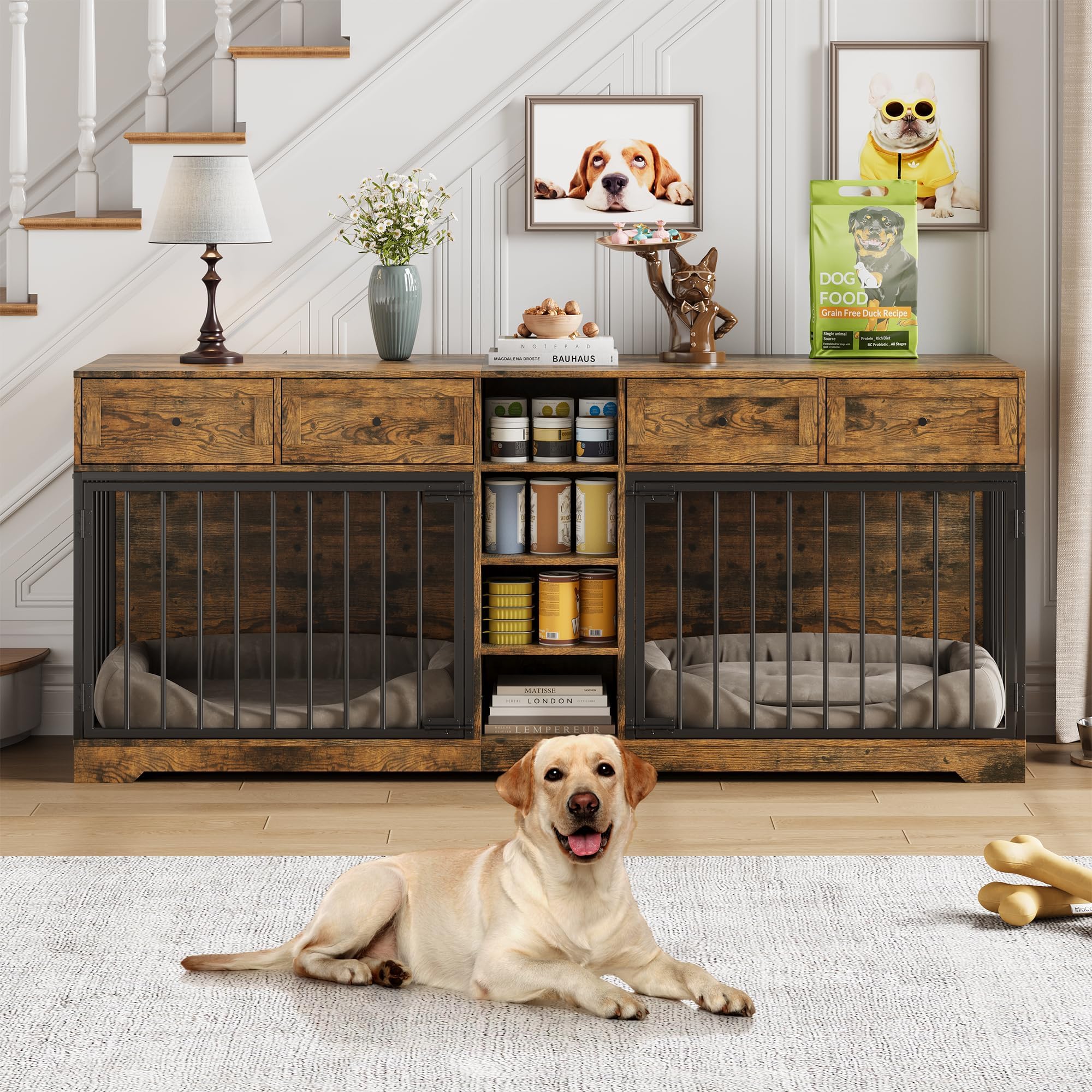 View 1 of *************INCOMPLETE ITEM, THIS IS ONLY BOX A AND IS MISSING BOX B****************
GarveeHome 82” Double Dog Crate Furniture, Large Dog Kennel Indoor for 2 Dogs, Heavy Duty Wooden Dog Crate TV Stand with 4 Drawers and Shelves, Brown