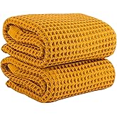 PÜSKÜL Premium Waffle Bath Towels Set of 2 - Organic 100% Turkish Cotton Bath Towel - Quick Dry, Absorbent, Light, Thin, 32x63 Large Waffle Towels (Mustard Yellow Bath Towels - Pack of 2)