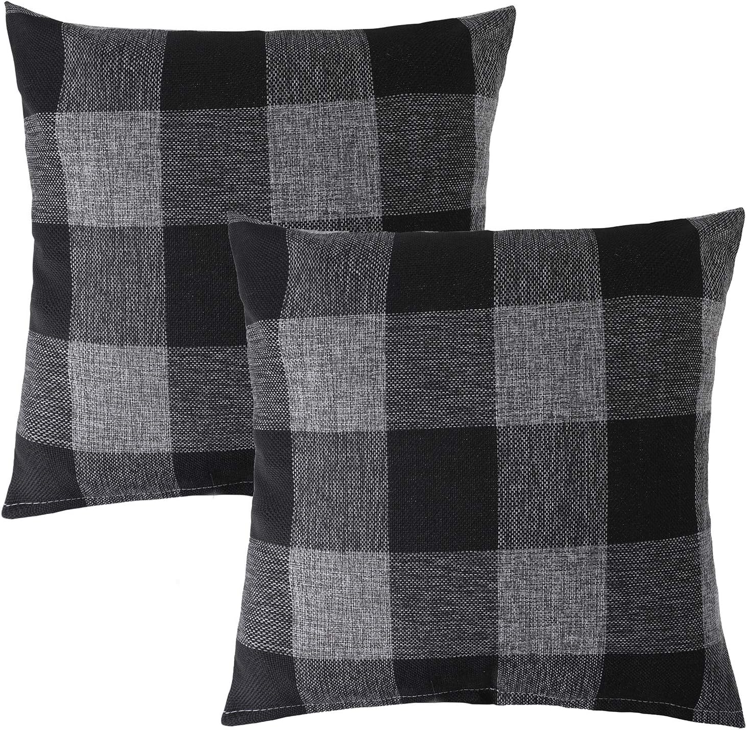 Vioaplem 2 Pieces Black Check Cushion Covers Cotton Linen Sofa Decorative Throw Pillow Case for Home Decor 24x24 Inch