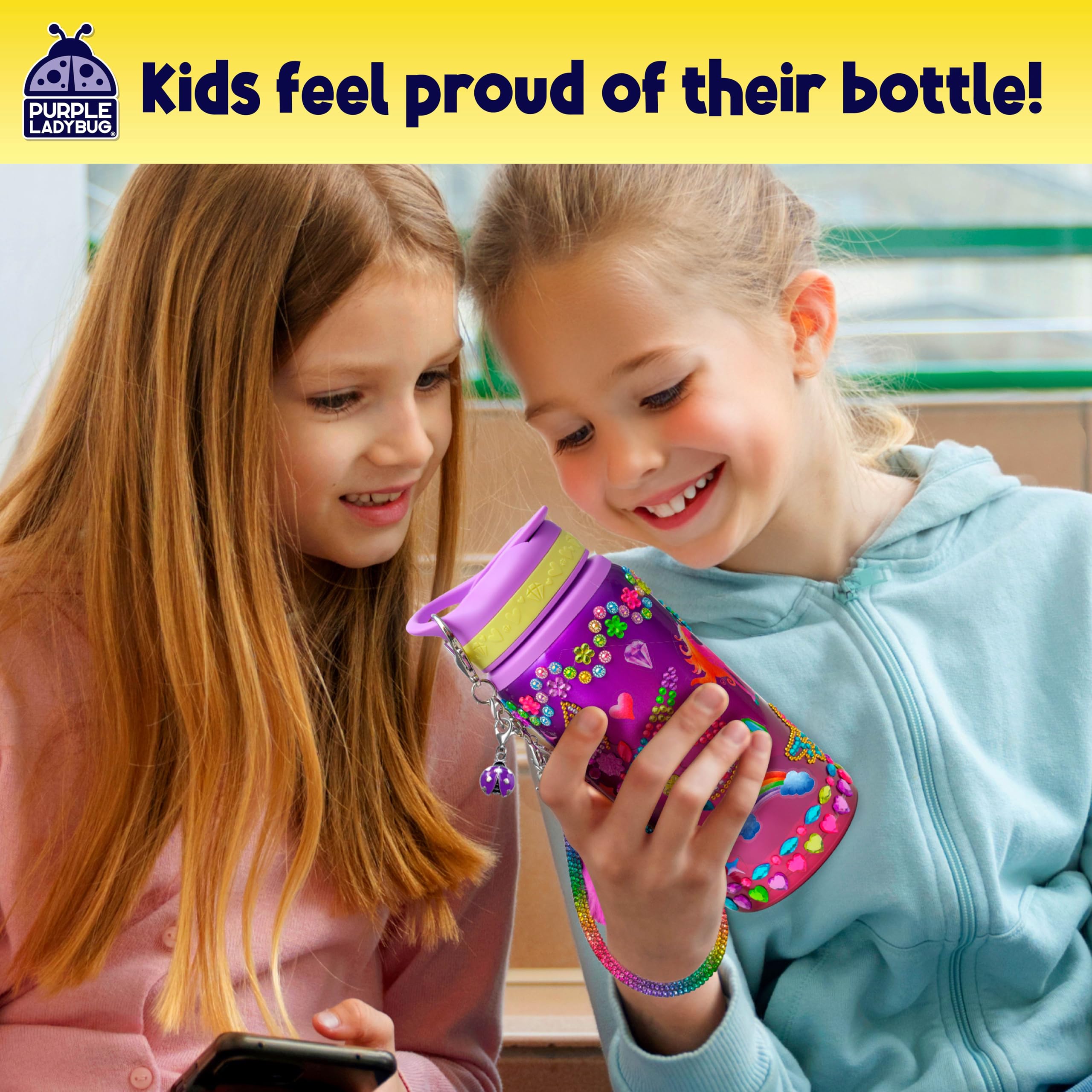 PURPLE LADYBUG Decorate Your Own Water Bottle Kit for Girls - Unicorn Design with Glitter Gem Stickers, Gifts for Girls Ages 5-8-10 Years Old Birthday, Fun Craft for Kids, Water Bottle for School