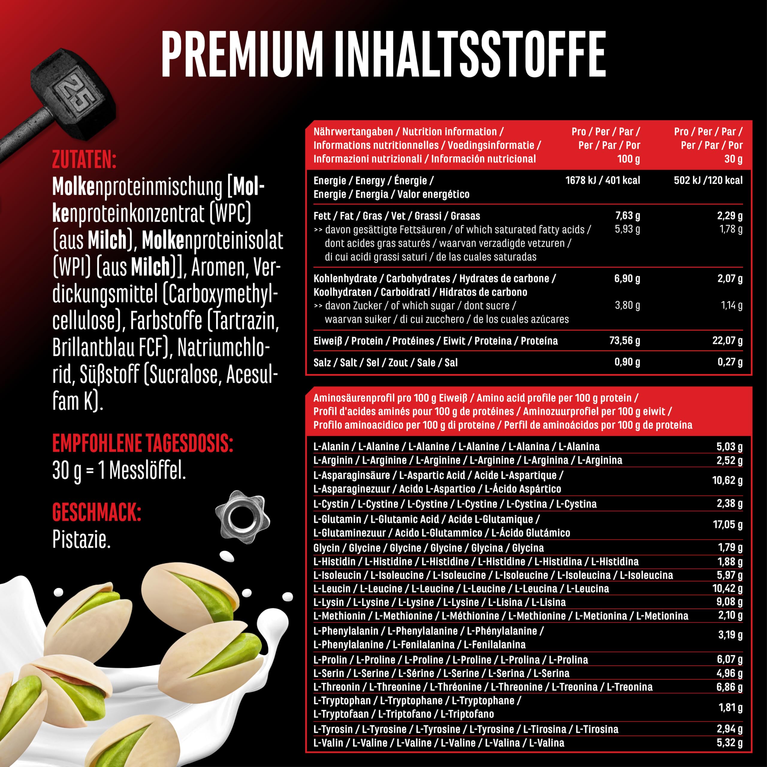Whey Protein Pulver - 1000 g (Pistazie) - Mit Isolate Anteil - bis zu 22 g Protein pro Portion - Instant lösliches Eiweiß Protein Pulver mit BCAA & EAA 4