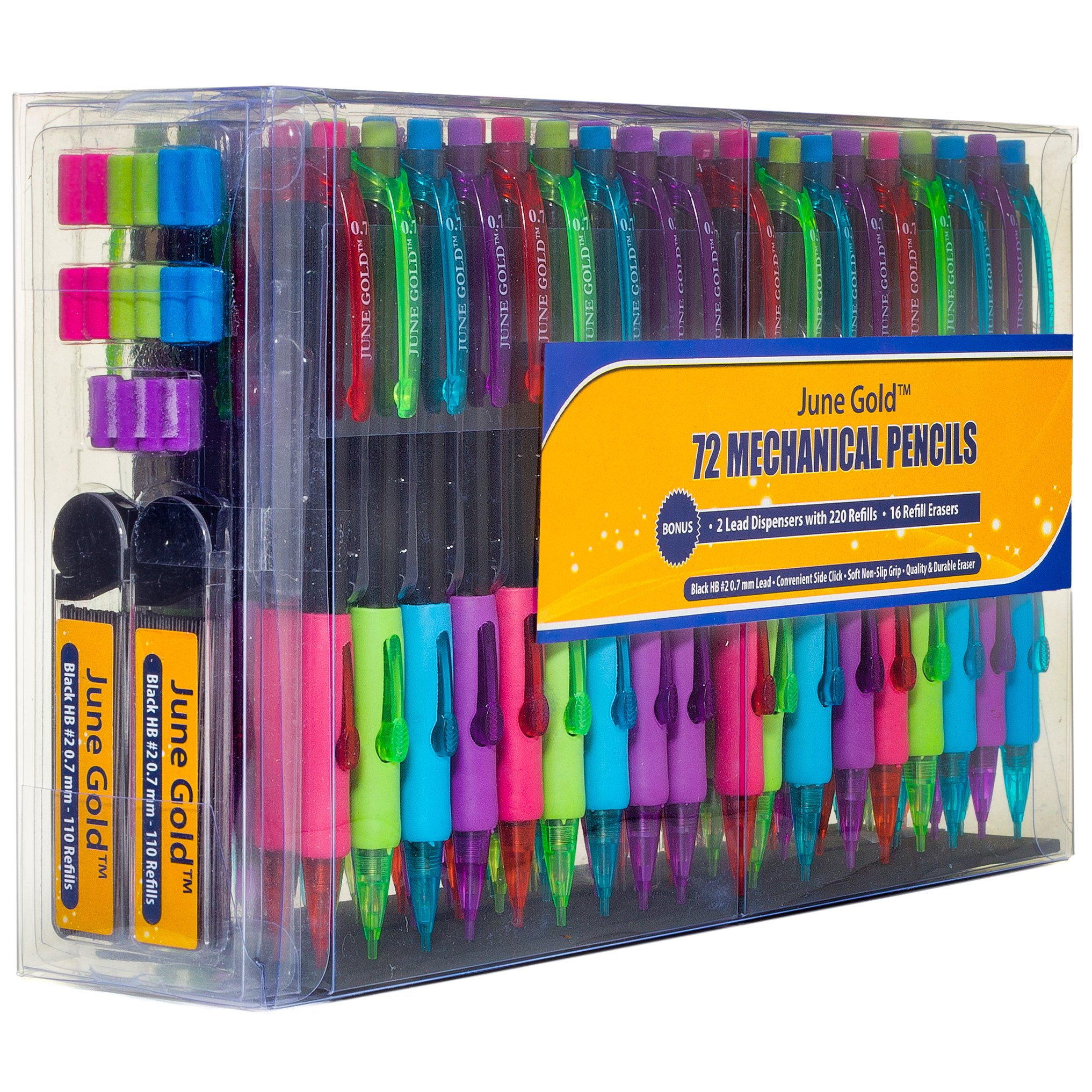 June Gold 72 Mechanical Pencils, 0.7 mm HB 2 Lead, 2 Lead Dispensers /w