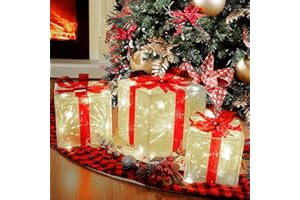 Lulu Home Christmas Box Decorations, Set of 3 Light Up Boxes with Red Bows, Plug-in 60 LEDs Warm White Lighted Xmas Boxes for Christmas Tree Holiday Indoor Outdoor Decors