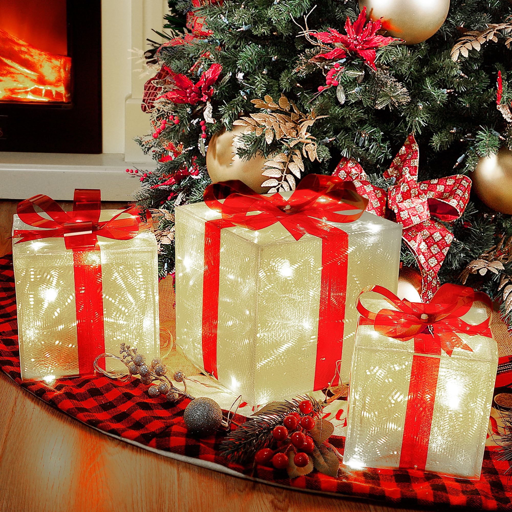 Lulu Home Christmas Box Decorations, Set of 3 Light Up Boxes with Red ...