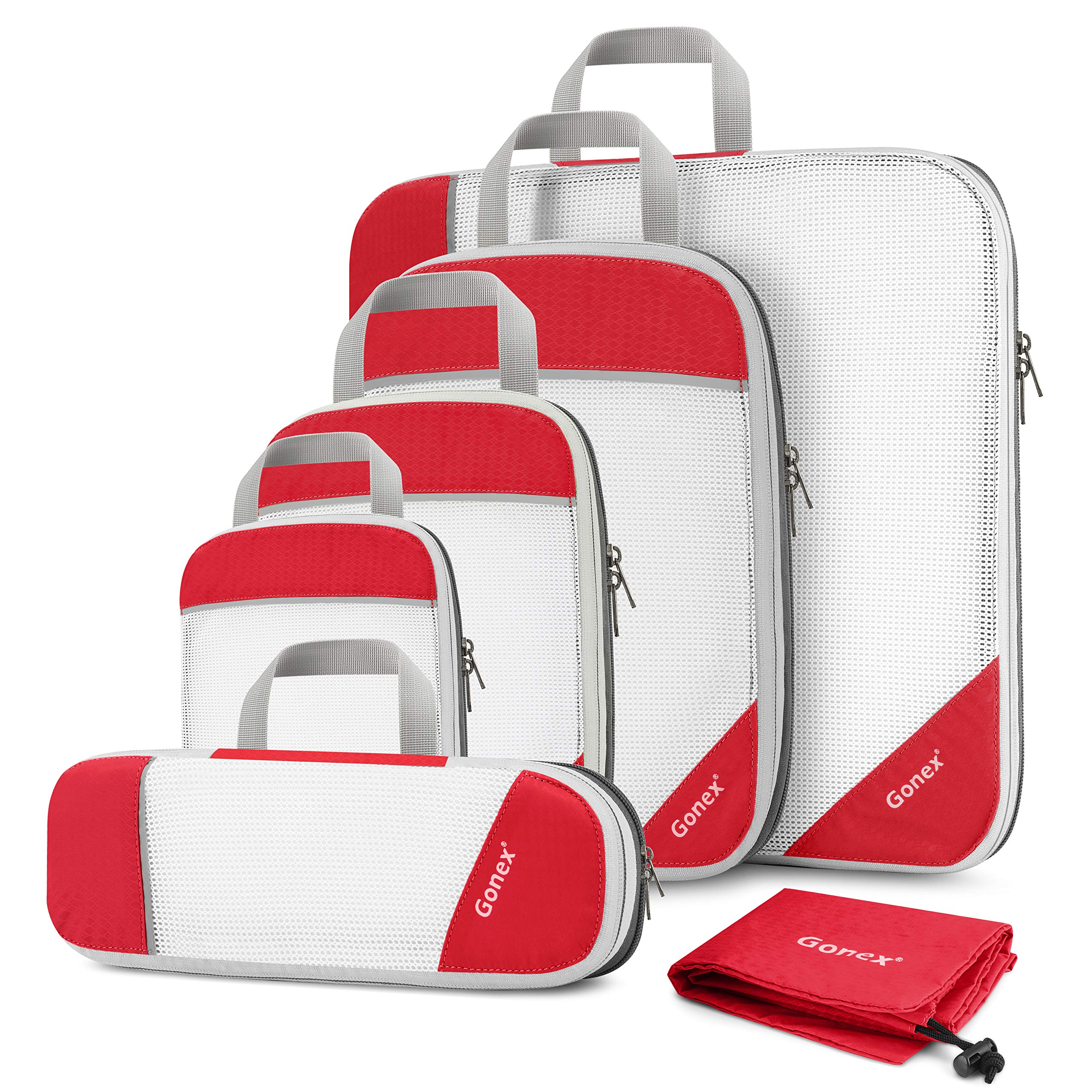 Gonex Compression Packing Cubes, 6 PCS Travel Luggage Packing Organizers with Mesh Extensible Suitcase Organiser for Travel, Red