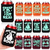 12 Pcs Glow in the Dark Halloween Can Cooler Sleeves, Neoprene Holders | Reusable 12 oz Beer and Soda Insulators with Pumpkin, Witch, Skull and Ghost Designs for Party Favors, Gifts and Supplies