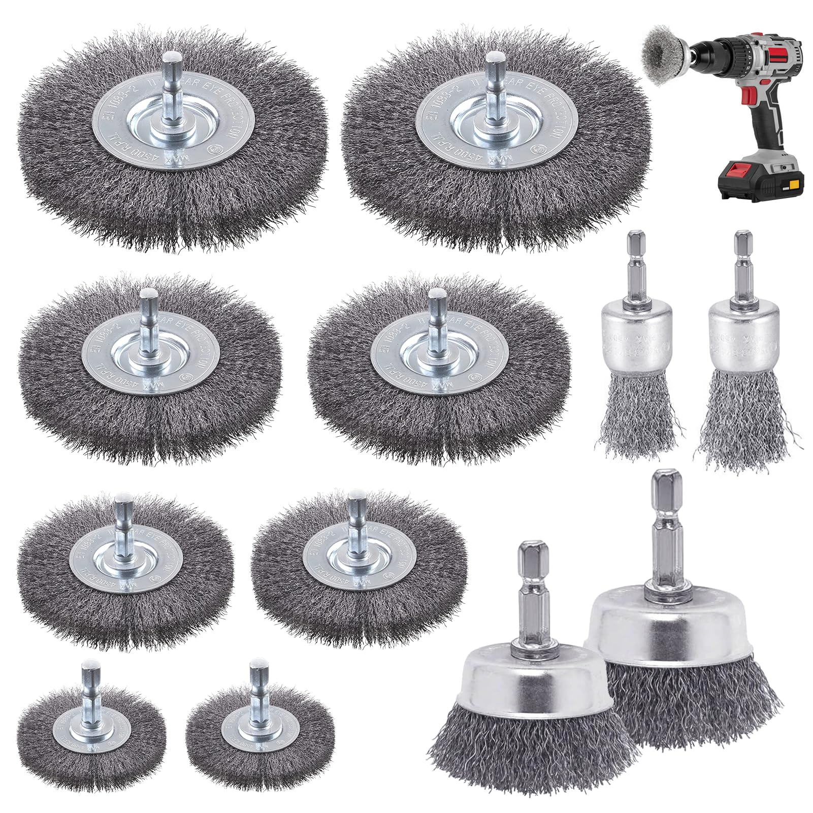 Pack of 12 Wire Brush Drill, 6 mm Steel Brush Cordless Screwdriver with Hexagonal Bar Wire Brush Set, Wire Brush Cordless Screwdriver, for Grinding, Rust Removal, Cleaning and Vibration Dampening