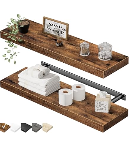 Urbandi Estantes Flotantes Modernos De 3 Pulgadas De Espesor Para Pared, Estantes Anchos Para Cocina, Sala De Estar, Dormitorio Y Baño, Madera De Pino Natural, Estante De Madera Rústico, (juego De