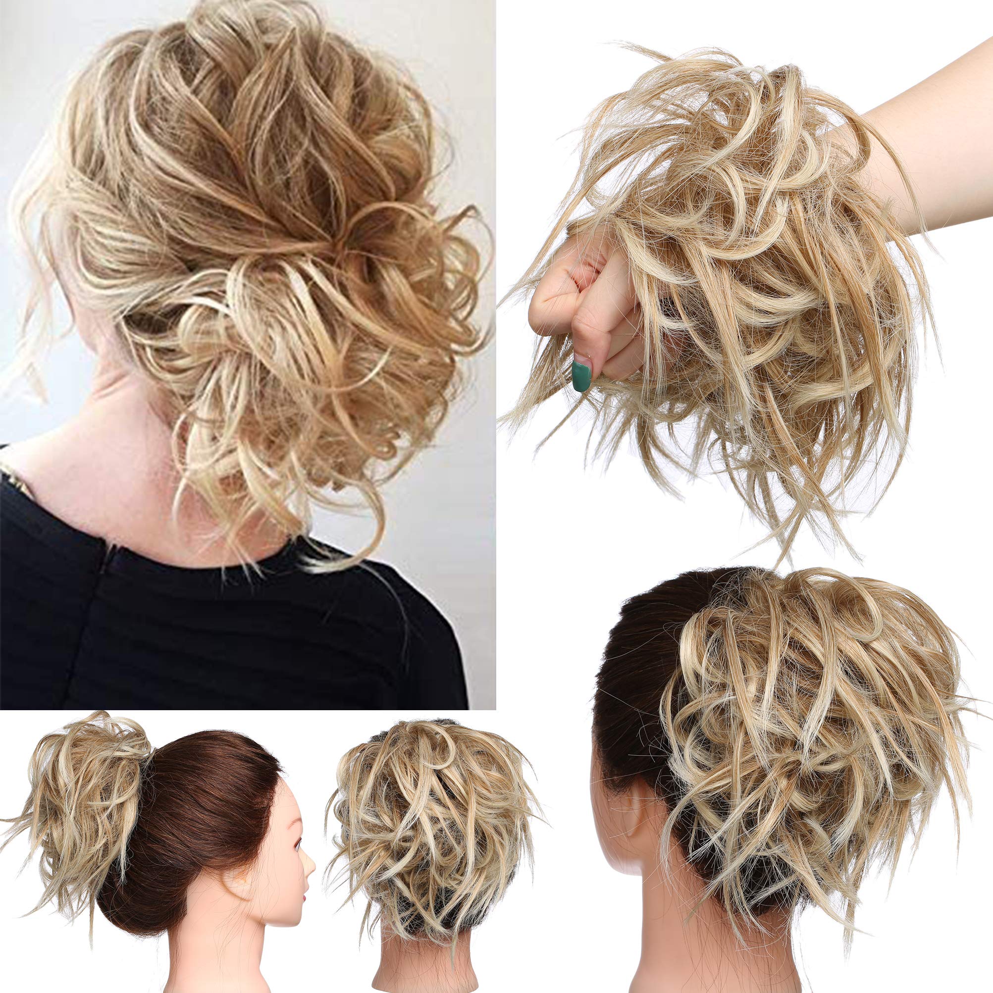 Tousled Updo Messy Bun Hair Piece Scrunchies Hair Synthetic Wavy Bun Extensions Fluffy Updo Scrunchy Chignon with Elastic Rubber Band Wrap on Donut Ponytail Hairpieces Strawberry Blonde mix